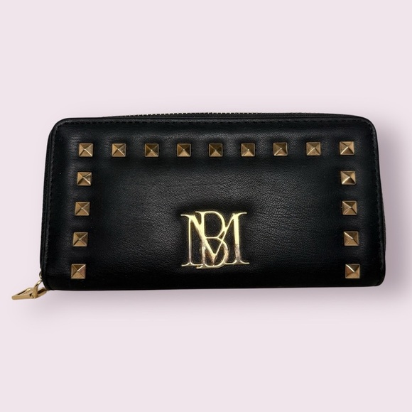 Badgley Mischka Black Faux Leather with Gold Studs Zipper Wallet - Picture 1 of 10